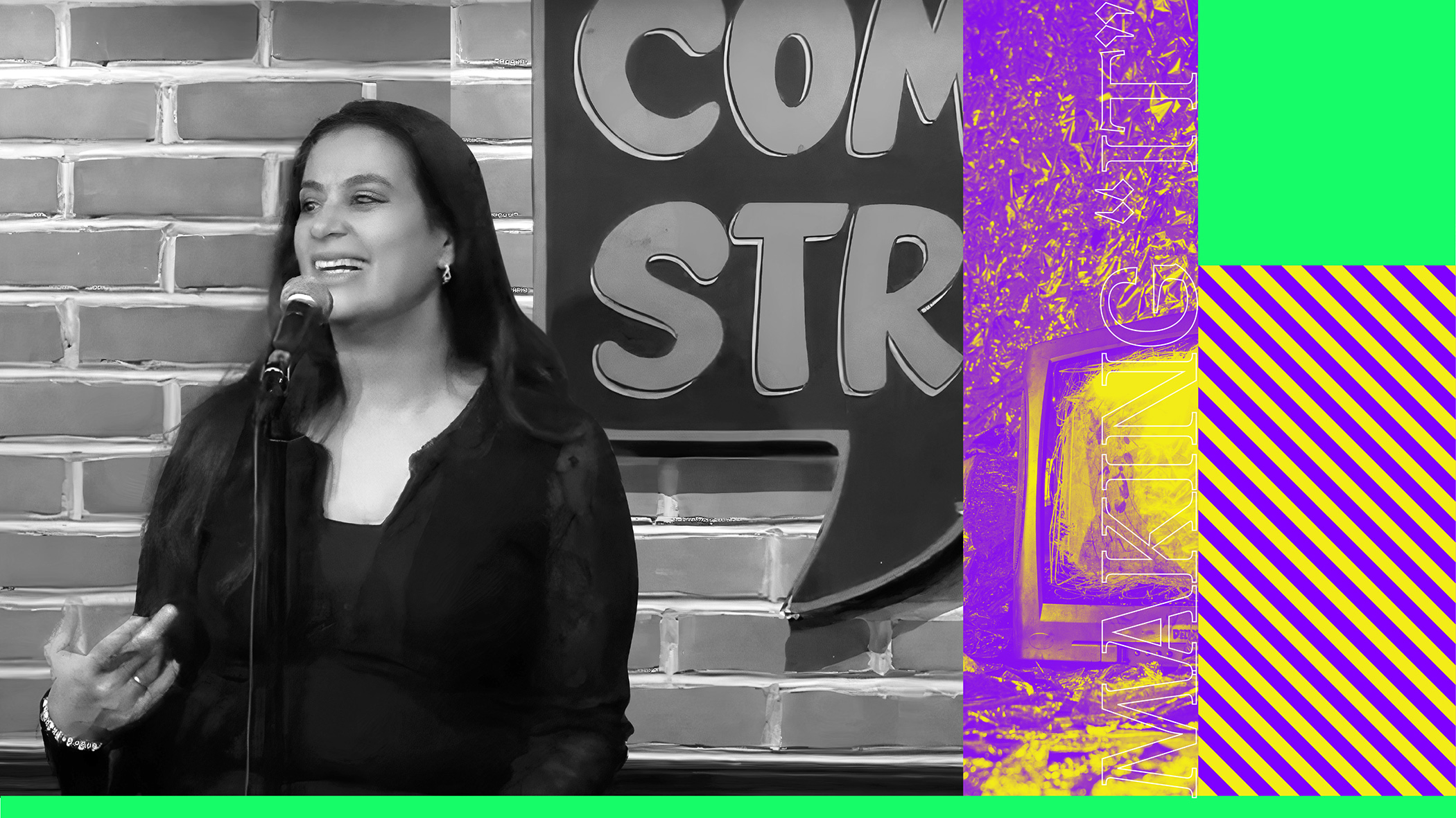 A collage featuring an image of Maysoon Zayid performing at a comedy club